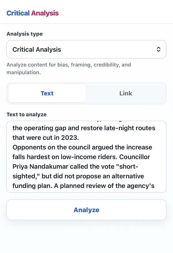 The me.app Analyze screen with Critical Analysis selected and the text of a short news article pasted into the text box.