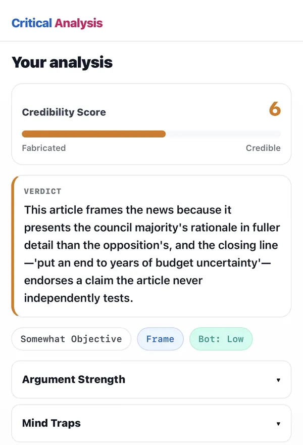 The analysis result: a Credibility Score of 6, a verdict saying the article frames the news, and the labels Somewhat Objective, Frame and Bot: Low.